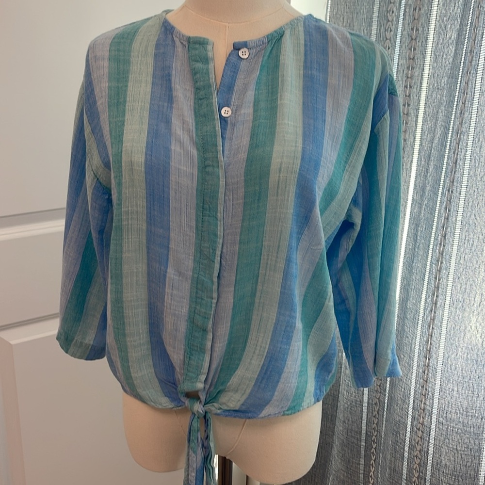 Bella Dahl Aqua and Sky Striped Blouse Top Small S